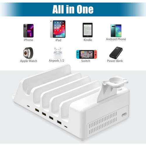 AGVEE 140W 9in1 Multi USB Charging Station Organizer Family Block Hub with Multi Cables, 3 Wireless Charger Dock for Apple iPad iPhone Cell Phone Samsung Android Tablet Multiple Devices, White