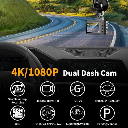 Dash Cam Front and Rear: 4K Dual Channel Dash Cam - 5GHz WiFi, Dash Camera for Cars with 64GB Card, 2.0 IPS Screen, App Control, G-Sensor, Loop Recording, 170° Wide Angle, Night Vision, Parking Mode