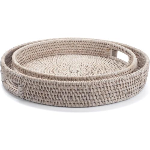 Round Rattan Tray, Decorative Coffee Table Trays, Ottoman Tray, Woven Serving Tray with Handles, Wicker Serving Basket, Whitewash