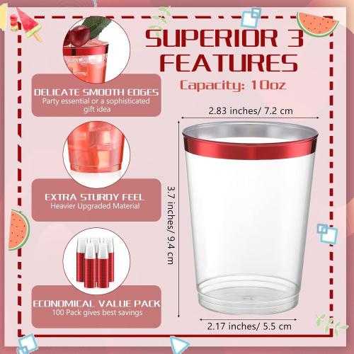 Gerrii 100 Pcs 10oz Plastic Cups Disposable Fancy Rimmed Cups Elegant Clear Drinking Tumblers for Wedding, Birthday, Halloween, Christmas, Graduation Party(Red)