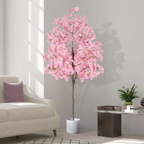 6Ft Tall Cherry Blossom Artificial Tree, Fake Tree Faux Silk Plant with Plastic Nursery Pot,Artificial Plants for Home Office Indoor Decor(Pink)