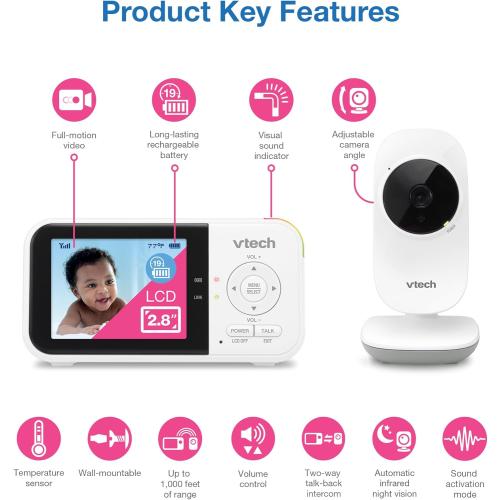 VTech VM819 Baby Monitor with Camera and Audio, 2.8” Screen Portable Baby Camera, Night Vision, 2-Way Audio, Temperature Sensor and Lullabies, Secure Transmission No WiFi, Ideal for Baby/Elderly/Pet