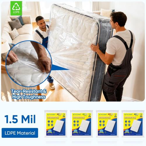 TICONN 2PK Plastic Mattress Bag for Moving Storage, Waterproof Mattress Protector Cover, Heavy-Duty Mattress Moving Supplies (1.5 mil, Full)