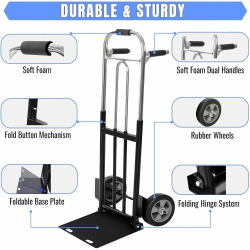 Folding Hand Truck Dolly - 600 LB Capacity, Heavy-Duty Wheels and Compact Design for Moving Heavy Loads in Warehouses, Offices, Homes, and Shopping