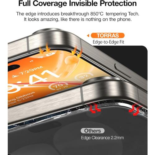 TORRAS Military-Grade Screen Protector for iPhone 15 Pro Max [9H  Aerospace Tempered Glass＆12FT Shatterproof ] One-Step Installation Full Coverage Fit Bubble Free Top-Notch Protection, 2 Pack