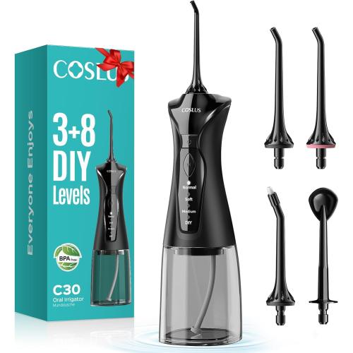 COSLUS C30 Water Dental Flosser Pick for Teeth: 4 Modes Cordless Portable 300ML Larger Tank Water Teeth Cleaner IPX7 Waterproof Flossing Cleaning Picks for Home Travel Black