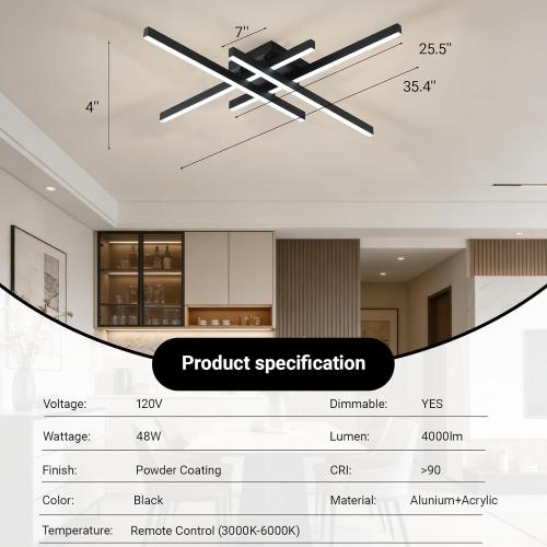 Semi Flush Mount Modern Light Fixture,35.4 Modern LED Ceiling Lights Fixture,for Hallway,Entrance,Cafe,Living Room,Bedroom,Corridor,Porch,Passage Light Fixtures (Black (4-Lights))