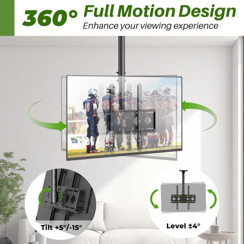 Size 24-65 Ceiling TV Mount Flip Down, Heavy Duty Hanging TV Mount Fits Most 24-65 inch LED, LCD, OLED, Plasma Flat Screen TVs - Adjustable Height 360° Rotation Tilting Swiveling Outdoor Gazebo tv Mount
