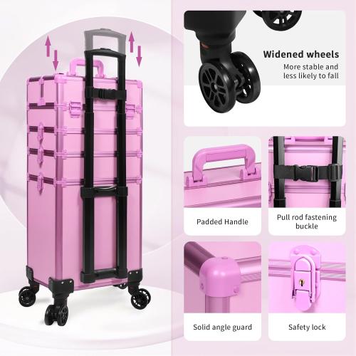 Rolling Makeup Train Case Large Storage Cosmetic Trolley 5 in 1 Large Capacity Trolley Makeup Travel Case with Key Swivel Wheels Salon Barber Case Traveling Cart Trunk, Pink