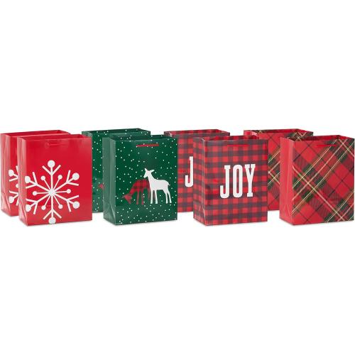 Hallmark Image Arts 8 Medium Christmas Gift Bags (8 Red and Green Bags: Plaid, Snowflake, Joy, Deer) for Teachers, Coworkers, Family