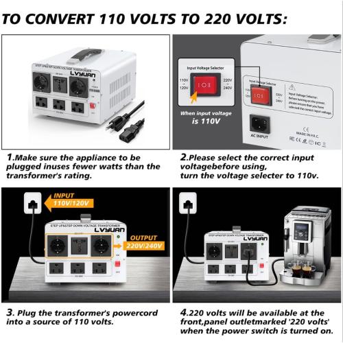 LVYUAN Heavy Duty 3000W Voltage Transformer Converter Step Up/Down Converter 110/120 Volt - 220/240 Volt with 3 US,2 European,1 Universal Outlets and CE Certified,Circuit Break Protection