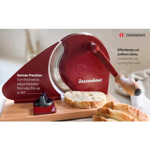 Color Red Zassenhaus Original Classic Adjustable Bread Slicer for Uniform Slices - Bread Slicer for Homemade Bread - 18/8 Stainless Steel Blade Sourdough Cutter - Black, 11.75 x 8