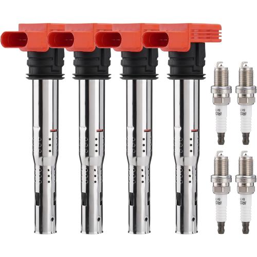 Ignition Coil Packs UF529 & Spark Plugs Set of 4,Compatible with Audi Volkswagen VW 2005-2016 A3 A4 A5 R8 A6 A7 Q7 S4 TT 2006-2016 Jetta MK5 MK6 GTI Rabbit Golf Passat CC Tiguan,OE Replace C1631 UF575