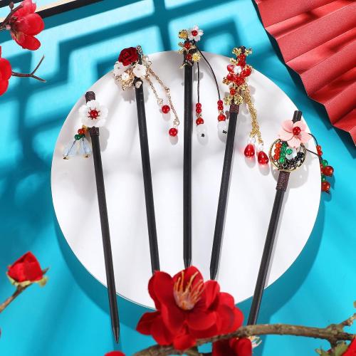 WILLBOND 6 Pcs Hair Sticks for Women Wooden Chinese Hair Chopsticks Accessories Asian Japanese Floral Stick Retro Tassel Flower Vintage Hairpins Handmade for Hairstyling Long Curly(Elegant Style)