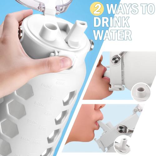 MUKOKO 64oz Glass Water Bottles with Straw and Lid,Half Gallon Water Bottle with Time Marker,Large Glass Water Jug with Silicone Sleeve and Stainless Steel Handle-White