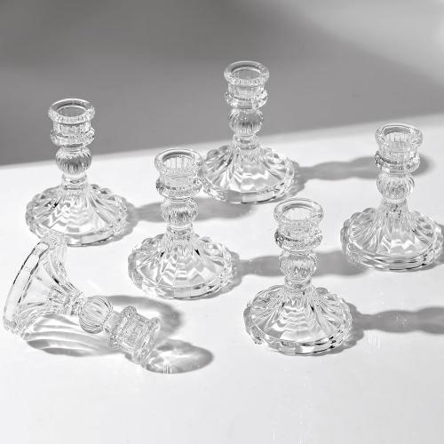 6 Pcs Clear Glass Taper Candle Holders – 4 Ribbed Candlestick Holders for Standard Candles | Elegant Centerpiece for Wedding, Party, Holiday & Home Decor
