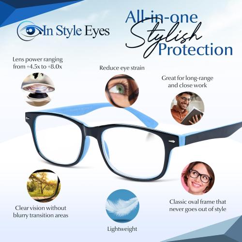 Color Black and Blue In Style Eyes Super Strong Eye Glasses, High Magnification Womens Reading Glasses - Non-Polarized Lens for Men