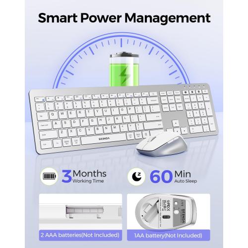 seenda Bluetooth Keyboard and Mouse, Wireless Keyboard Mouse Combo 2.4G Dual Bluetooth Multi-Device Connection Full Size Ultra-Slim Keyboard with Number Pad for Windows/Mac,White & Silver