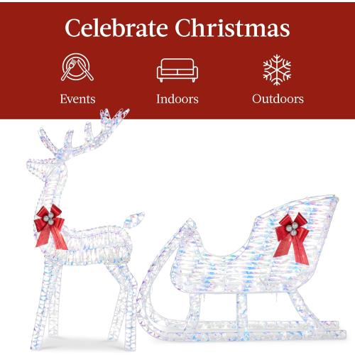 Best Choice Products Lighted Christmas 4ft Reindeer & Sleigh Holiday Outdoor Yard Decoration Set w/ 205 LED Lights, Stakes, Zip Ties - Iridescent