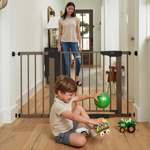 Cumbor 30-46 Baby Gate for Stairs, Mom's Choice Awards Winner-Auto Close Dog Gate for the House, Easy Install Pressure Mounted Pet Gates for Doorways, Easy Walk Thru Wide Safety Gate for Dog, Brown