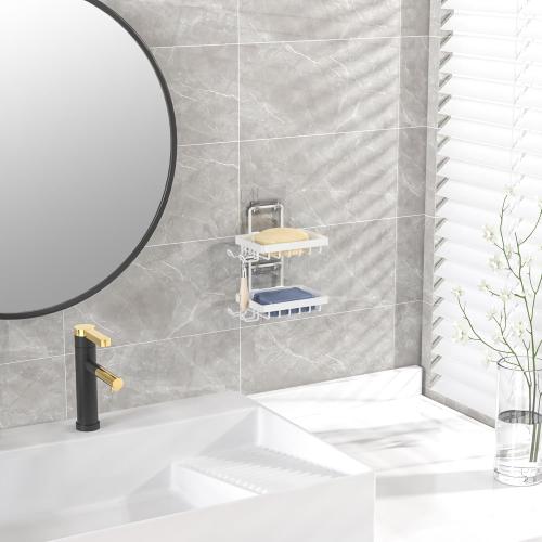 Moforoco White Double Soap Bar Holder for Shower, No Drilling, 304 Rustproof Stainless Steel, Wall Mounted Soap Holder with 4 Hooks and Razor Holder, Shower Rack Soap Tray Bar Soap for Bathroom