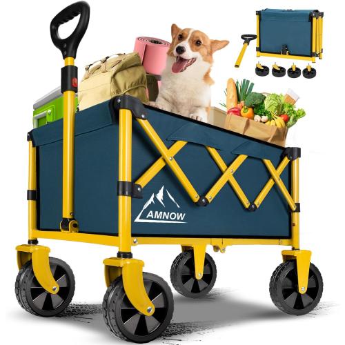 Collapsible Wagon Cart with Wheels Foldable, Folding Wagons Carts with Silent Universal Wheels, Large Grocery Cart On Wheels, Heavy Duty Utility Wagon for Shopping Beach Sports Fishing Camping, Green