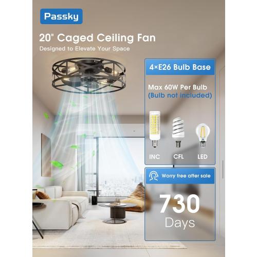 Black 20 Fandelier Ceiling Fan with Light, Caged Bladeless Ceiling Fans with Remote, Farmhouse Flush Mount Fan for Bedroom, Kitchen, Living Room, Black