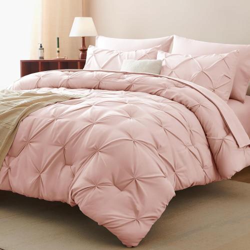 Pink 82x86 Full Comforter Set 7 Pieces Bed in A Bag Pink Luxury Soft Full Size Bed Set Pintuck Pinch Pleat Bedding Sets with Comforter, Flat Sheet, Fitted Sheet and Pillowcases & Shams