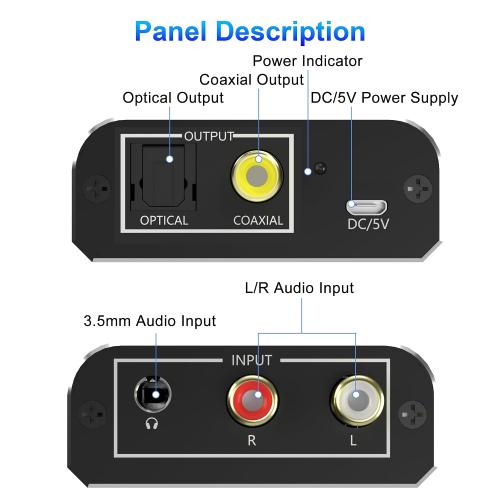 Analog to Digital Audio Converter, RCA & 3.5mm to Optical Toslink Coaxial, Stereo L/R to Digital Audio Adapter with Optical Cable, Aluminum Housing, for PS4, Xbox, HDTV, DVD, Headphones