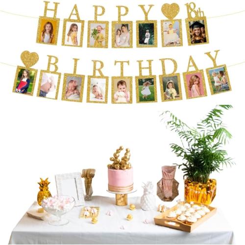 Happy 18th Birthday Photo Banner 18 Year Old Party Decorations, Eighteen Birthday Picture Frame Banner 18th Photo Frame Party Supplies Bunting Decor, Gold