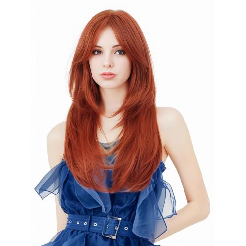 Rugelyss Long Wavy Auburn Red Wigs for Women, Layered Synthetic Copper Ginger Hair Wig with Bangs for Daily or Costume Party