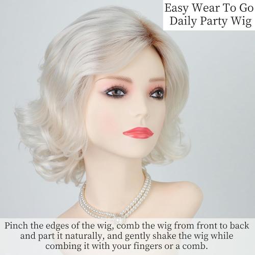 RENERSHOW Short Platinum Blonde Wave Curly Wigs for White Women 12inch Ombre Wavy Bob Wig Side Part Synthetic Average Size Wig Natural Looking Daily Party Wig
