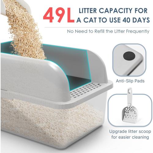 8 Deep Stainless Steel Cat Litter Tray with Lid Extra Large Litter Box for Big Cats XL Metal Litter Box Pan with High Wall Sides Enclosure, Non-Sticky, Anti-Leakage, Easy Cleaning