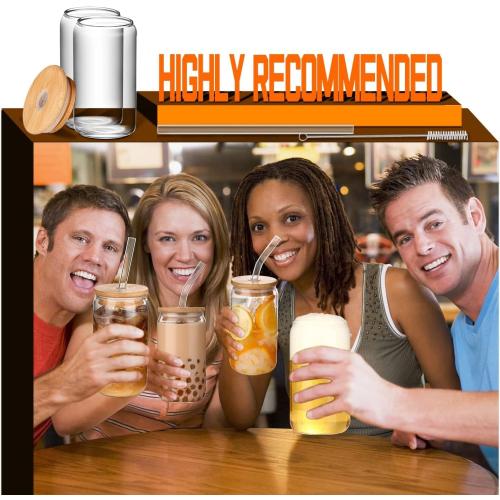 Glass Cups with Lids and Straws 6 pcs, 16 oz-DWTS Cute Tumbler,Beer Drinking Glasses,Clear for Iced Coffee, Tea with Bamboo Lids for Gifts