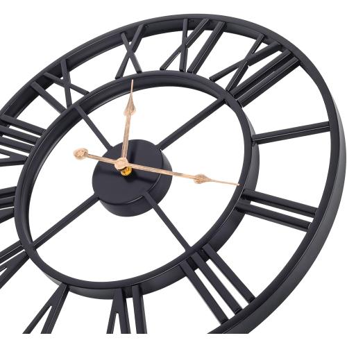 Large Outdoor Clock, Vintage & Antique European Industrial Decorative Metal Roman Outdoor Clock, Silent Battery Operated Skeleton Iron Wall Clock Garden/Patio/Pool/Fence-18 Inch, Golden Hand