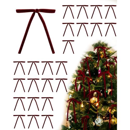 Velvet Christmas Tree Bows – 24 Pcs Holiday Bows (3/8 Wide, 5x7) with Star Clips – Easy Hanging for Tree, Wreath, Gifts & Décor (Burgundy)