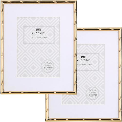 8x10'' Bamboo Detail Gold Metal Picture Frame with Acid Free Mat for 5x7'' Set of 2,Narrow Gold Plated Photo Frames 5 x7'' With Soft Touch Velvet Backing for Desktop and Wall Décor