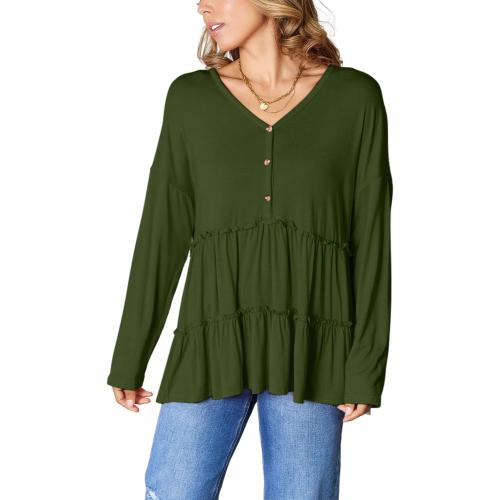SIZE. XL.   Women's Casual Blouse Ruffle Layered Half Button Blouse Top Charcoal Lightweight Knit Fabric Long Sleeve Button-Front