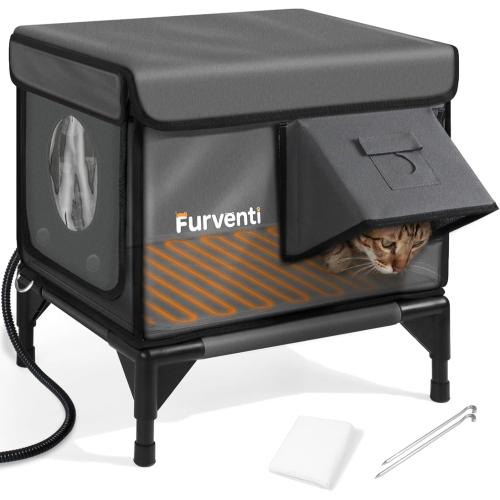 Heated Cat House for Outside,Dual Camera Mounts,100% Weatherproof & Extremely Insulated,Elevated Feral Cat Shelter with Escape Door,Waterproof Eaves for Outdoor Stray Barn Cat(Dark Grey,S)