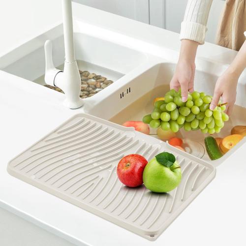 Silicone Dish Drying Mat, Stone Drying Mat for Kitchen Counter with Built-In Drain, Non-Slip Drain Pad with Built-in Drain, Heat Resistant Stone Drying Mat, 1Pcs 19.7 x 17, Cream