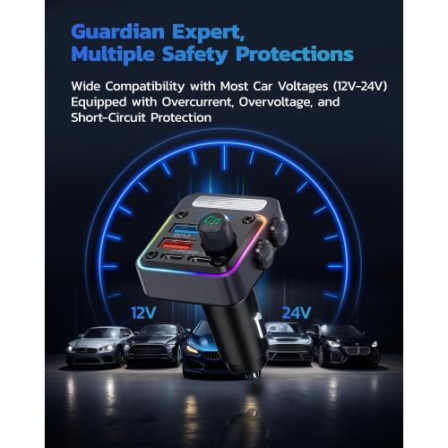 Nulaxy 54W Bluetooth 5.3 Car Adapter, FM Transmitter 4-Port Fast Charging | Wireless FM Radio Music Player with Deep Bass, 5 Colors LED Backlit, Hands-Free Calling, PD&QC Car Charger Support USB Drive