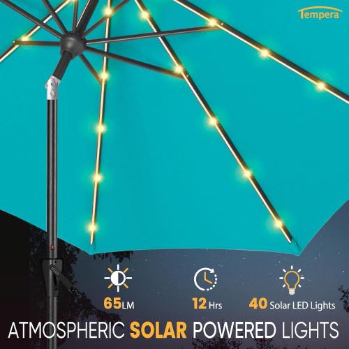 Tempera Teal Solar Patio Umbrella 40 LED Lighted Outdoor Umbrella Table Market Umbrella with Push Button Tilt and Crank, Solar Umbrella with Sturdy Pole&Fade Resistant Canopy, Easy to Set