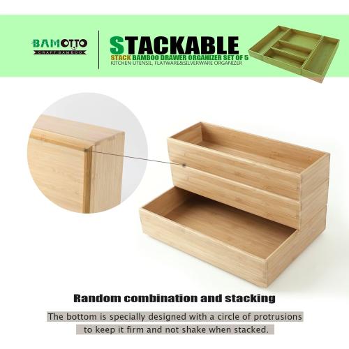 Stack Bamboo Drawer Organizer Set of 5, Kitchen Utensil, Flatware&Silverware Organizer-Wood Laminated Stackable for Kitchen, Bedroom, 13.4''x4.5''*2 10.2''x3.3''*2 10.2''x6.7''*1