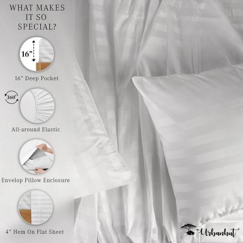 URBANHUT 1000 Thread Count 100% Cotton Damask Full Size Sheets, Long Staple Striped Bedsheet, Luxury Hotel Sateen Weave - Soft & Breathable, Better Than Egyptian, 16 Deep Pocket - White