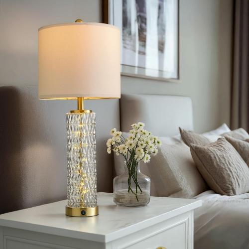 Oneach 27.75” Table Lamps Set of 2, Gold Modern Bedside Lamp with LED Night Light, USB A C, Glass Lamps for Living Room, Bedroom, Nightstand, Office, End Table (2 Bulbs Included)