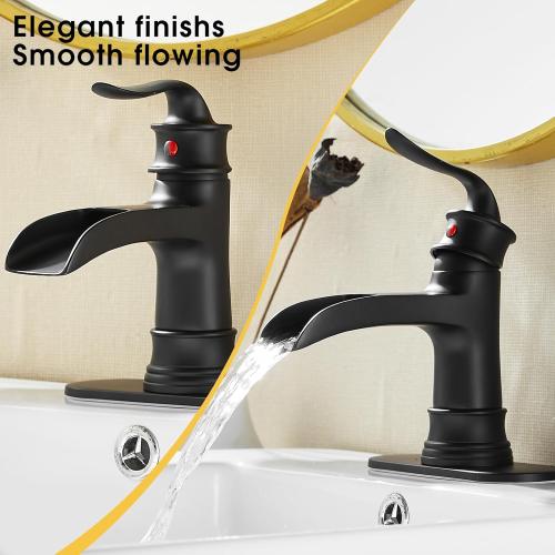 FRANSITON Waterfall Faucet Bathroom Faucet Single Handle One Hole Matte Black Finish Large Spout Lavatory Faucets (Matte Black)