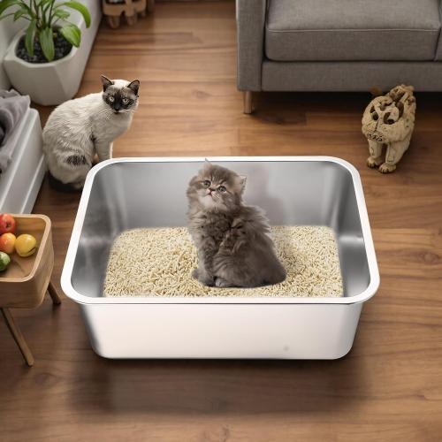 Stainless Steel Cat Litter Box - Large Metal High-Sided Pan for Cats, Pets, Non-Stick, Odor-Free, Easy to Clean, Splash-Proof, Durable (23.6 L x 15.8 W x 6 H)
