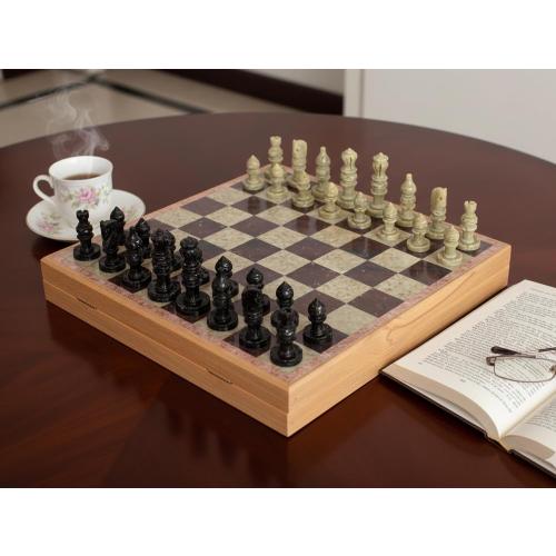 StonKraft - 10 X 10 Chess Board with Wooden Base & Stone Inlaid & Stone Pieces Game Set