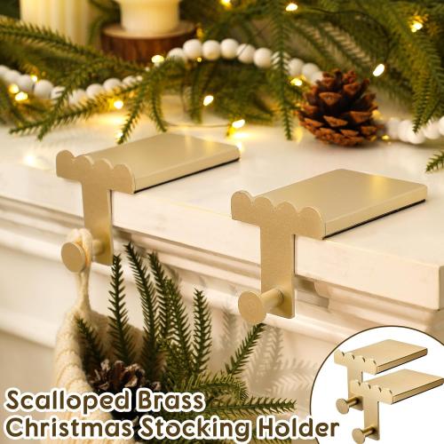 4 Pcs Heavy Duty Christmas Stocking Holders Scalloped Brass Non-Slip Mantel Fireplace Stocking Hangers for Xmas Counter Tables Fireplace Mantle Decoration