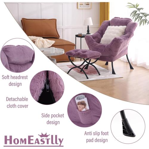 Lazy Chair with Ottoman, Large Purple Accent Chair with Ottoman and FA Throw Pillow, Comfy Plush Reading Chair for Living Room Bedroom Dorm Room Office Apartment Relaxing Use